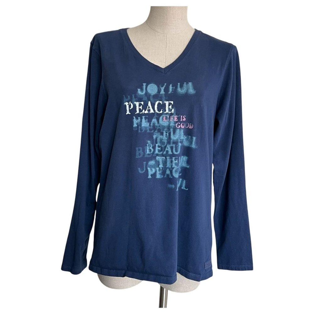 Life Is Good Womens Blue V Neck Long Sleeve‎ Shirt Joyful Peace Navy Blue size L